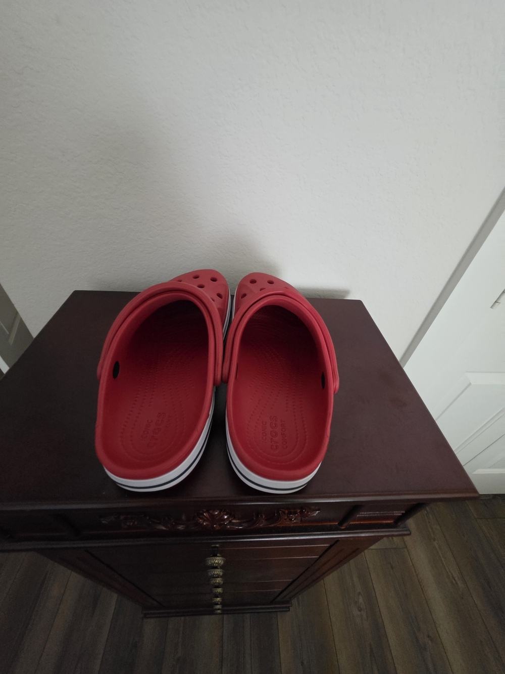 CROCS Red Clogs with White and Navy Accent Stripe